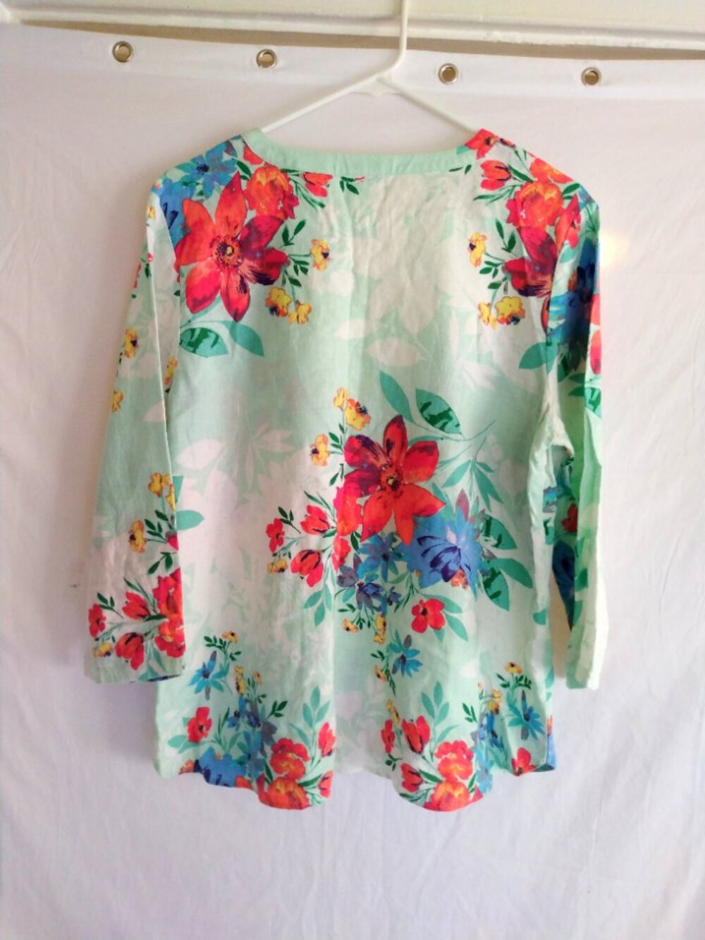 Van Heusen Mint Floral Linen-Blend Top Blouse Shirt L Boho Chic Resortwear - Picture 4 of 5
